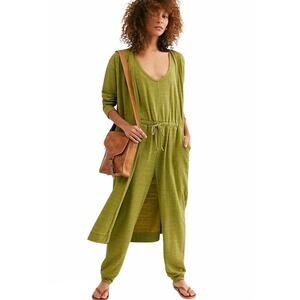 Free People Beach Bicoastal Two Piece Jumpsuit Cardigan Set Women's Small Green